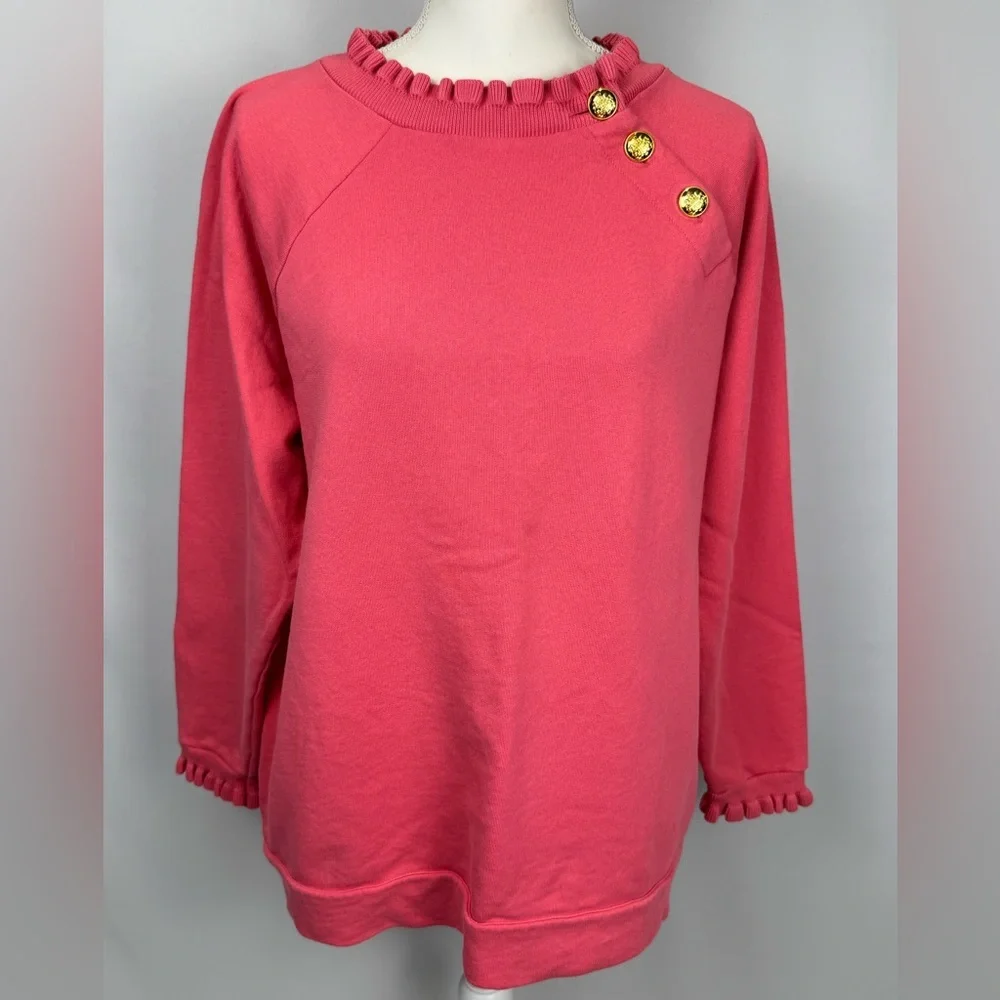Talbots Ruffle Trim Raglan Sweatshirt Pink Gold Buttons At Neckline Size 1X - Picture 2 of 10